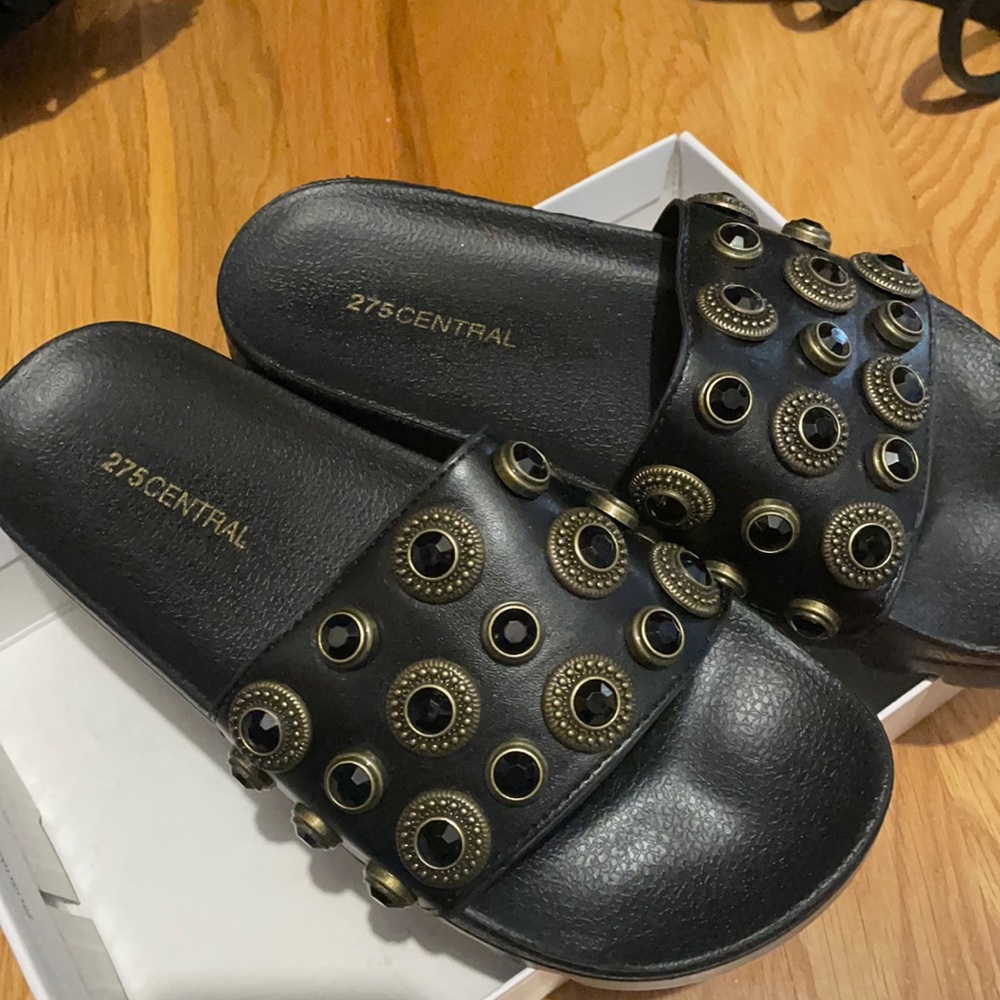 black leather slides with rhinestones